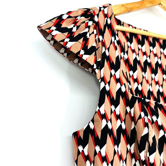 Anthropologie Cecily Fit & Flare Brown Multi Chevron Ruffle-Sleeve Midi Dress XL - Picture 8 of 12